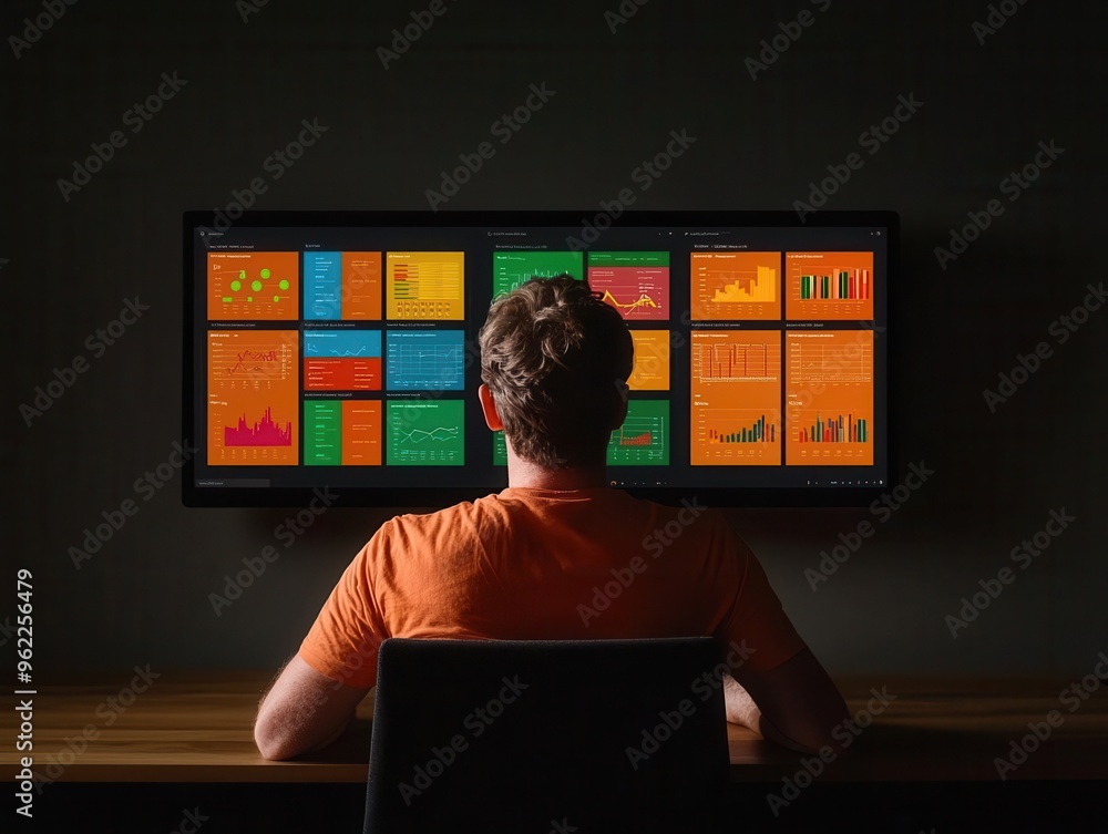 Poster silhouette of a manager analyzing supply chain metrics on a digital dashboard, silhouette manager da