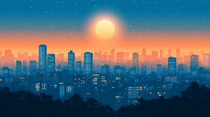 Flat design illustration of a cityscape at night with illuminated buildings and a large sun setting in a minimalistic style