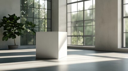 Product shot of a white box in a sunlit room with large windows and soft shadows on the surface