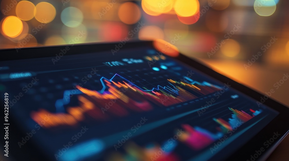 Aufkleber close-up of a financial dashboard showing real-time stock prices and line graphs on a tablet