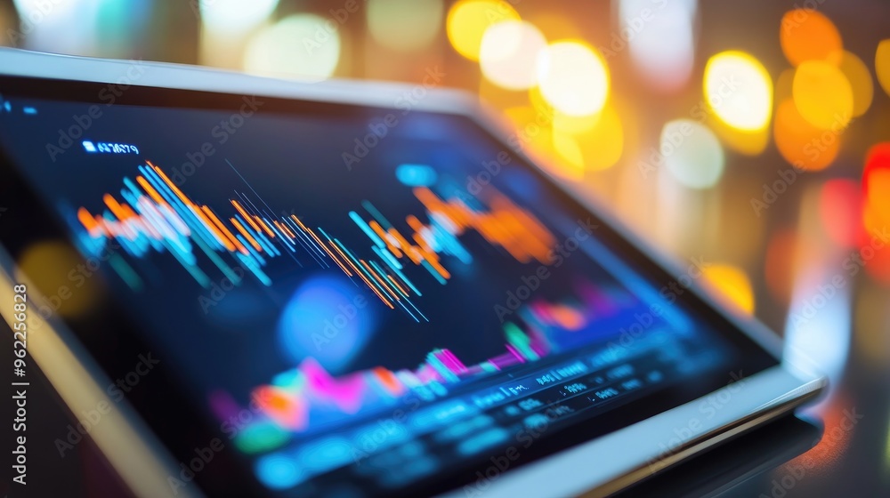 Poster close-up of a financial dashboard showing real-time stock prices and line graphs on a tablet