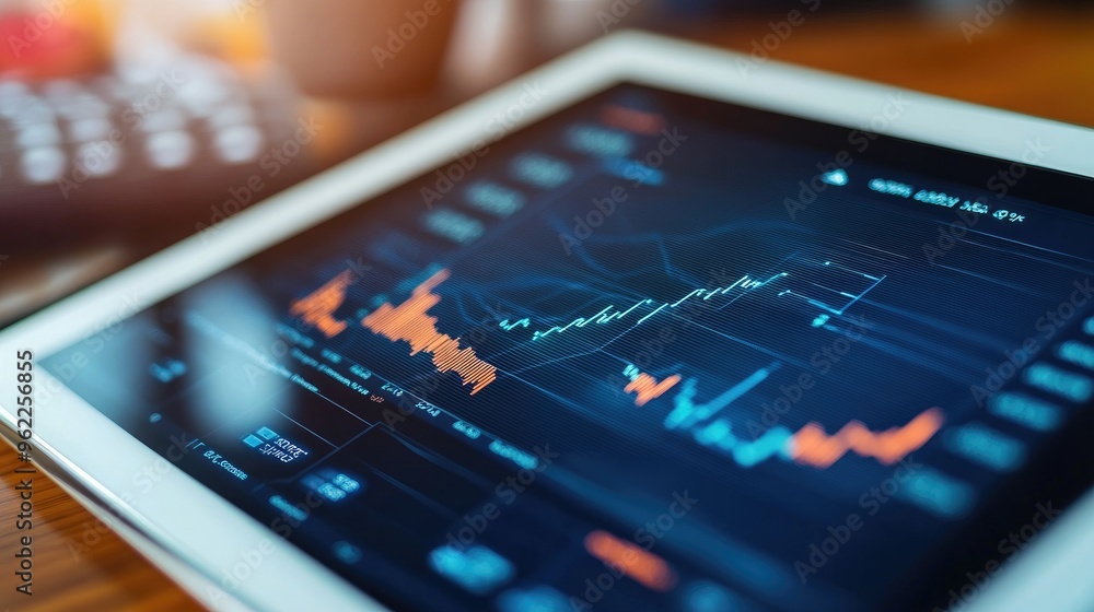 Aufkleber close-up of a financial dashboard showing real-time stock prices and line graphs on a tablet