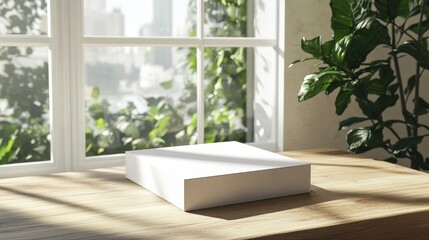 Elegant white box mockup on a wooden surface in a bright room filled with natural light