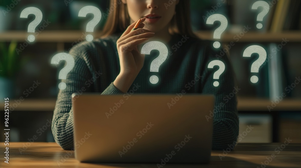 Poster Close-up of a woman pondering with floating question marks while using a laptop. Represents inquiry and decision-making.