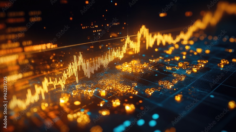 Poster close-up of a gold trading chart with highlighted trend lines and price alerts on a high-resolution 