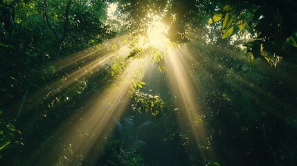   Sun shining through tree leaves, lush greenery on tropical forest day