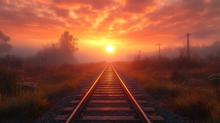 Obraz premium A railroad track stretches into a foggy sunrise, with the sun peeking through the clouds.