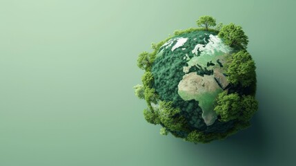 A detailed 3D rendering of Earth enveloped in trees, symbolizing the planet's health and the significance of maintaining a green environment. The image highlights the importance of conservation and