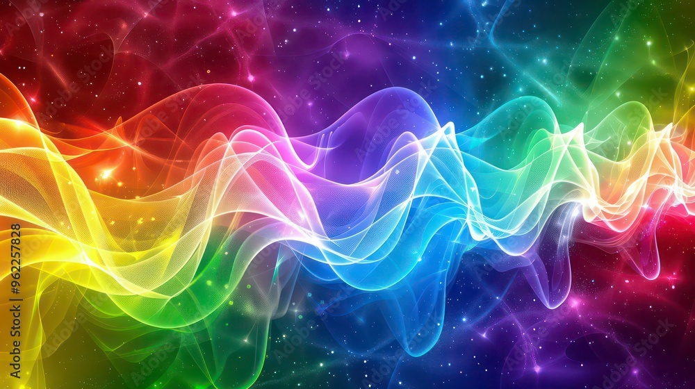 Poster Abstract colorful waves with sparkling dust on a dark background.