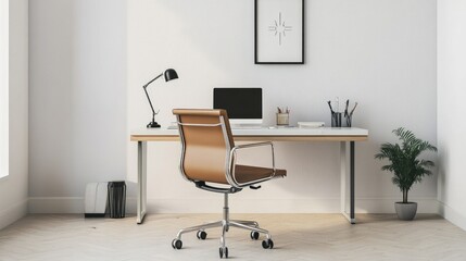 Close-up of a minimalist home office with a sleek desk, ergonomic chair, and minimalistic decor, focusing on a clean workspace