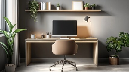 Close-up of a minimalist home office with a sleek desk, ergonomic chair, and minimalistic decor, focusing on a clean workspace