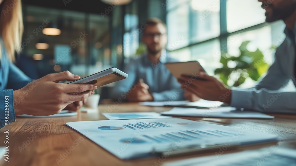 Aufkleber Hands holding digital tablets during a business meeting with charts on the table. Data analysis and technology integration.