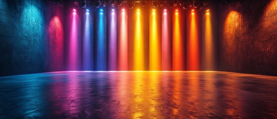 Rainbowcolored lights in vertical stripes, pulsating with intensity, vibrant and modern stage setup