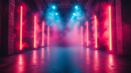 Obraz premium Retrostyle stage lighting, bold geometric shapes, bright neon colors, 1980s aesthetic, highenergy vibe