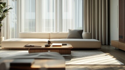 Close-up of a modern minimalist living room with clean lines, neutral colors, and simple furnishings