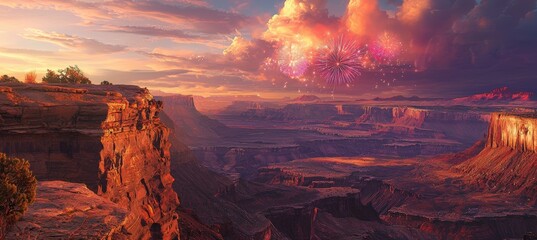 Vibrant Fireworks Display Over Majestic Canyon at Sunset - Perfect for Posters and Wall Art