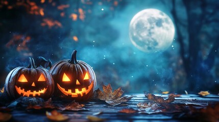 Obraz premium A halloween scene with pumpkins and a full moon in the background