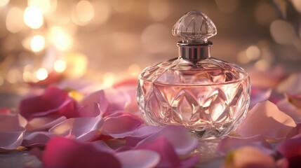Close-up of a perfume bottle with a delicate glass design, resting on a bed of rose petals and surrounded by soft, ambient light