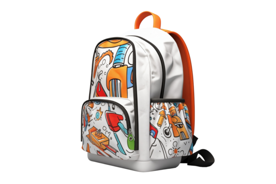 Schoolbag for kids on transparent background. PNG cut out. School related themes. Back to school. School holidays. Learning at school. Image for graphic designer. Image for flyers.
