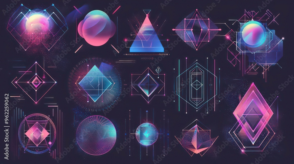Poster a collection of 18 futuristic neon geometric shapes with glowing lines and patterns on a dark backgr