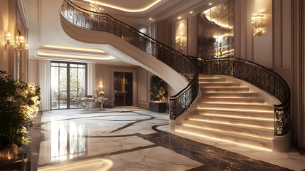 Obraz premium Majestic Grand Staircase and Marble Flooring Create a Stunning Entryway