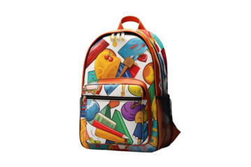 Schoolbag for kids on transparent background. PNG cut out. School related themes. Back to school. School holidays. Learning at school. Image for graphic designer. Image for flyers.