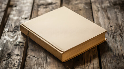 Fototapeta premium A closed, blank hardback book lies on a rustic wooden table. The book is perfect for adding text or your own design, Mockup Template.
