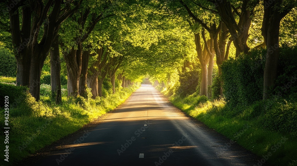Poster close-up of a scenic road with a canopy of trees arching overhead, creating a tunnel of green and da