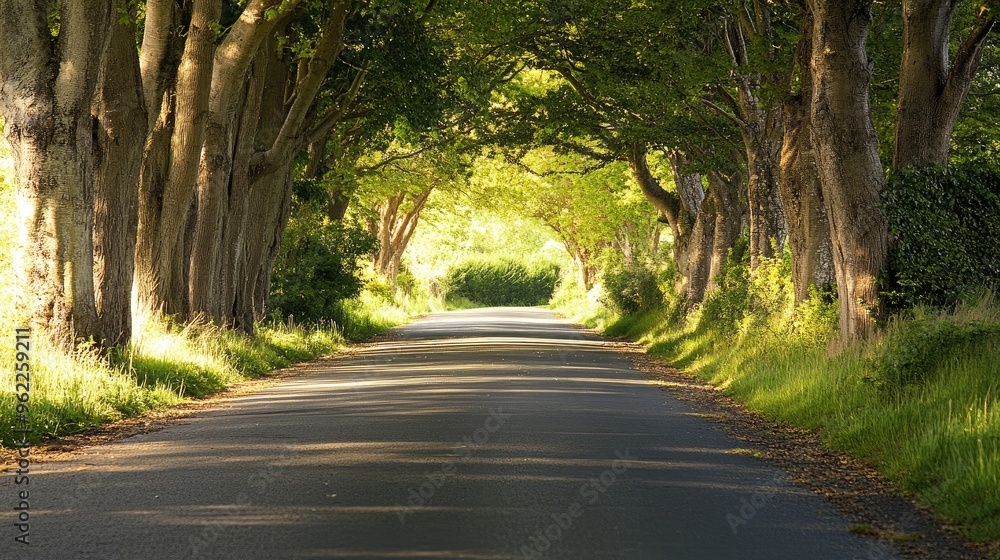 Poster close-up of a scenic road with a canopy of trees arching overhead, creating a tunnel of green and da