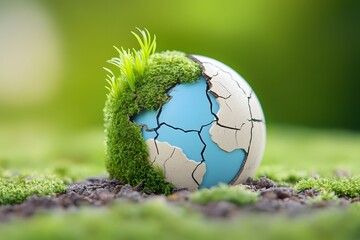 Fototapeta premium A miniature globe, cracked in the center, with moss growing on it.