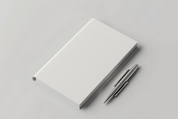 An overhead 3D render of a white notepad and a stylish pen on a neutral surface. 