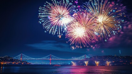 Fototapeta premium Spectacular Fireworks Display Over San Francisco Bay with Golden Gate Bridge in the Background