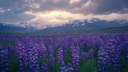 Obraz premium A field of purple flowers in front of a snow-capped mountain range