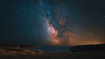 Fototapeta premium A stunning view of the star-filled sky over a tranquil body of water
