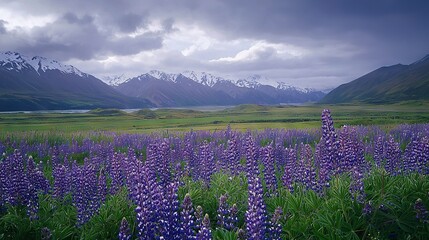   A field of purple flowers in front of a mountain range with snow on top of the mountains in the distance