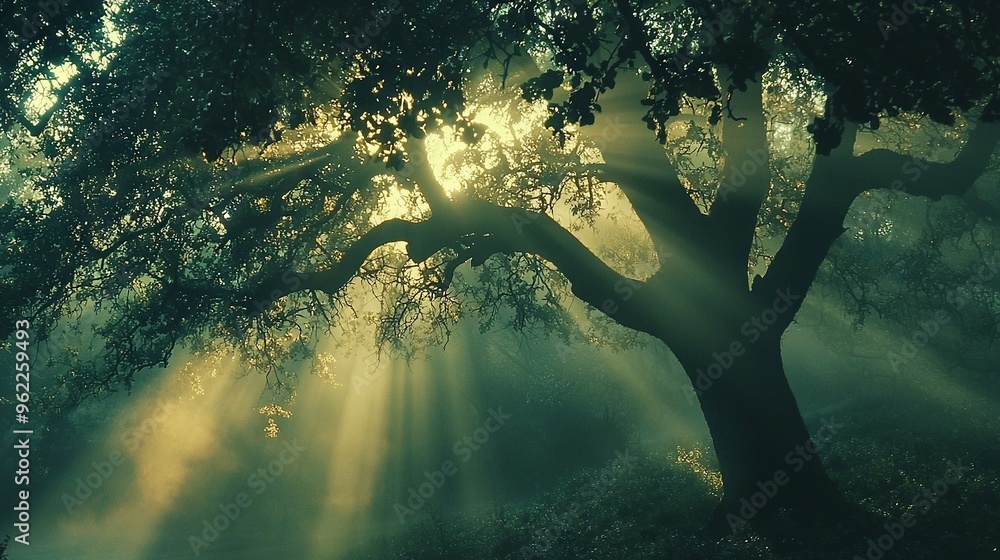 Poster a massive tree stands alone in a dense forest, bathed in sunlight filtering through the canopy and t