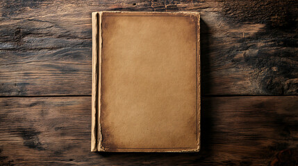A worn, antique book sits on a rustic wooden table.  The aged leather cover adds a vintage touch to the scene, Mockup Template.