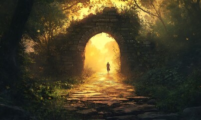 Fototapeta premium Stone Archway Leading Through a Forest to a Golden Light