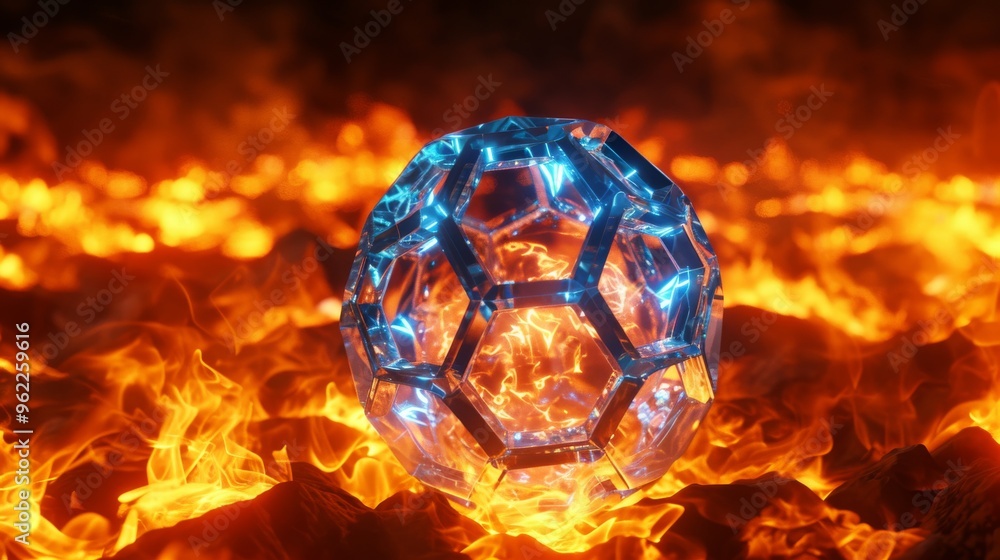 Poster a glowing, futuristic geometric shape made of transparent material with a blue hue is surrounded by 