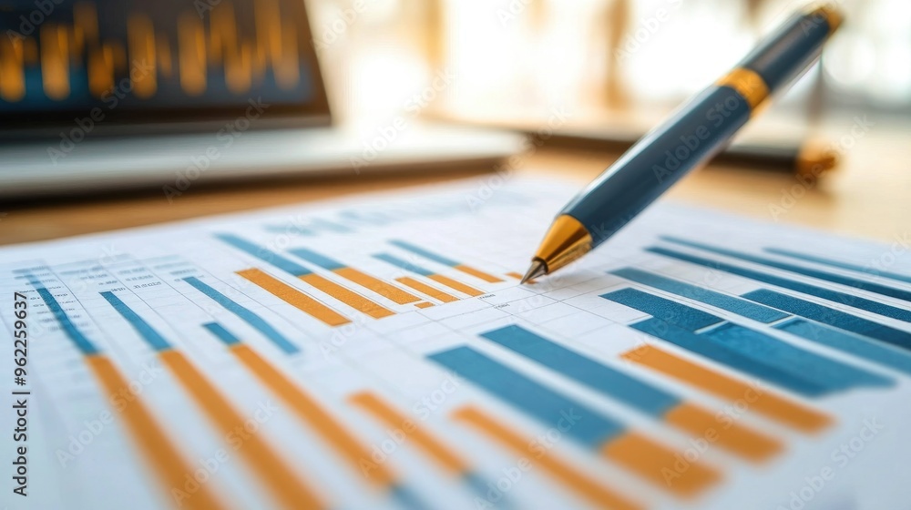 Poster close-up of a stock market analysis chart with a mix of bar graphs and line graphs highlighting key 