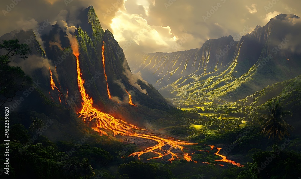 Poster volcanic eruption in a lush green mountain valley