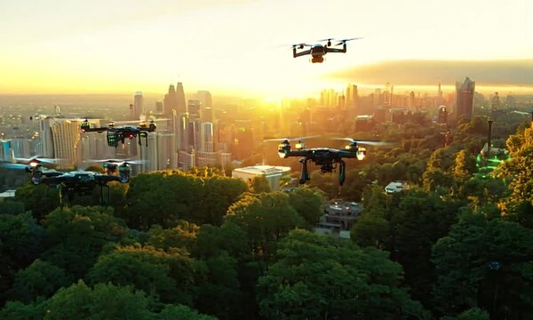 Three drones flying over a city with a bright orange sun in the background