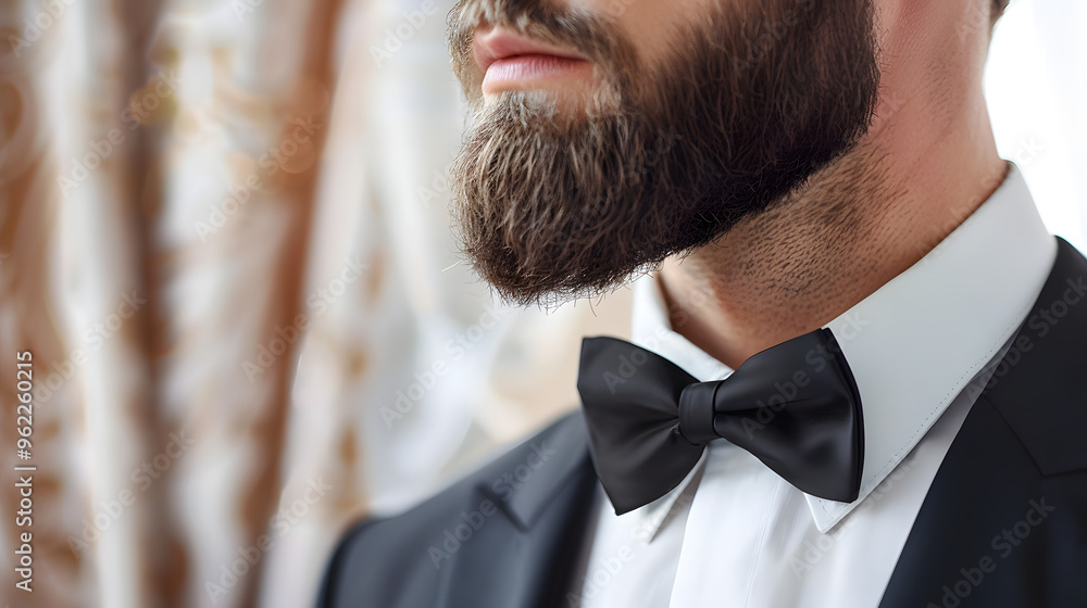 Poster a dapper gentleman with a well-groomed beard and tuxedo and discreet earpiece attending a gala event