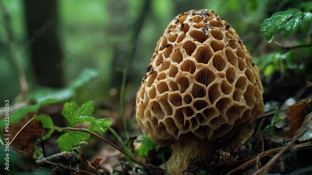 Poster a close-up of a mushroom on the ground with surrounding green leaves and trees in the background