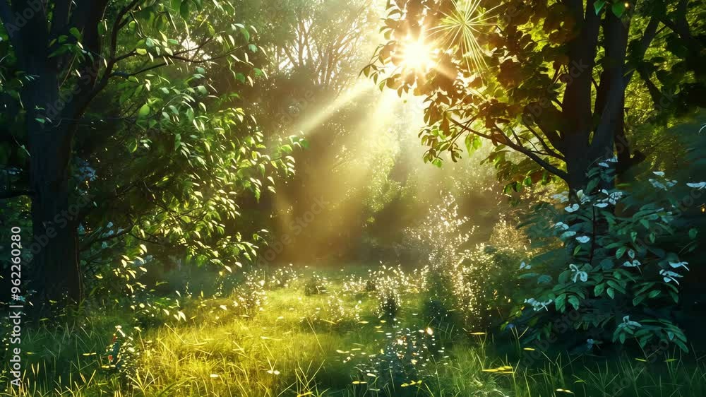 Poster sunlight filters through lush trees in a serene forest path during the golden hour