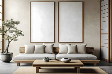A traditonal japanese living room featuring natural tones and minimalist decor. Two large, white photo frames on the wall. Mockup for photos and art.