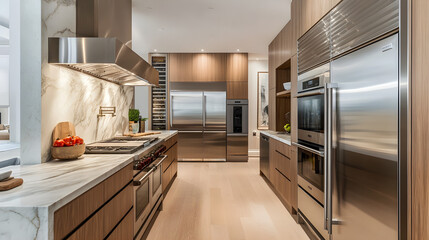 Contemporary Kitchen with Sleek Stainless Steel and Elegant Marble