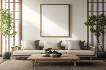 A traditonal japanese living room featuring natural tones and minimalist decor. One large, white photo frame on the wall. Mockup for photos and art.