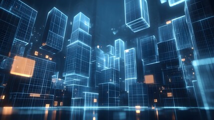 Obraz premium Digital cityscape with buildings made of glowing cubes, representing the futuristic and digital nature of smart urban development