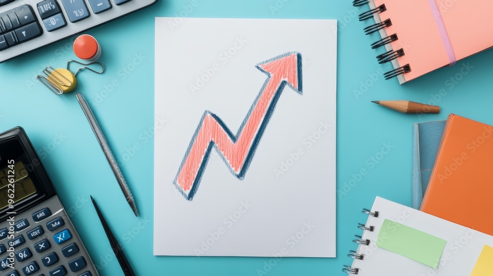 Poster top view of a hand-drawn orange arrow pointing up on a chart surrounded by office supplies. business